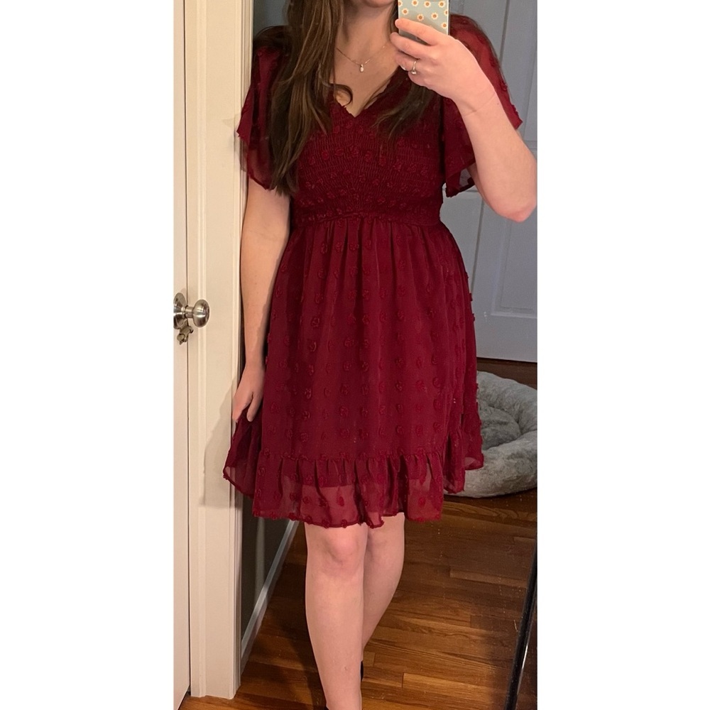 Red Swiss Dot Burgundy Sundress w/ Flutter Sleeves and V-Neck for Wedding Guest - Picture 6 of 8